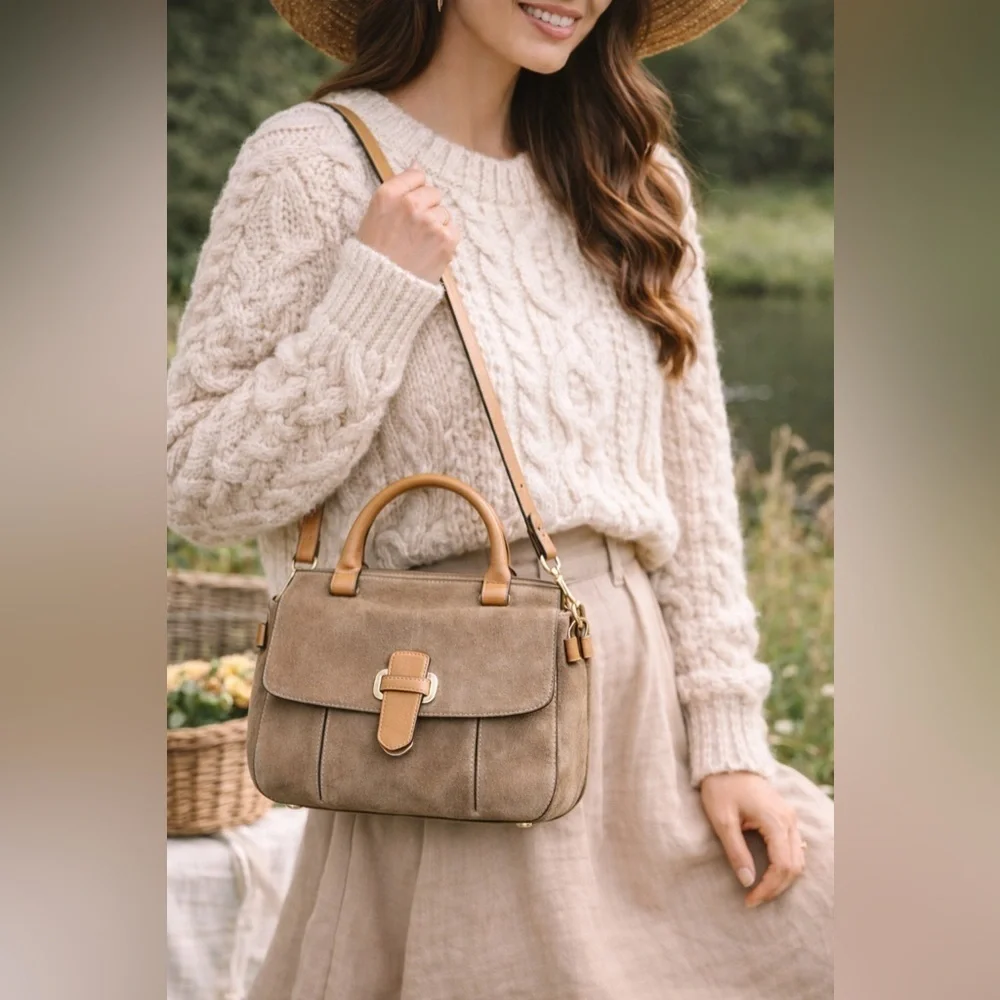Michael Kors Romy Medium Suede Satchel Crossbody Bag Taupe Tan Leather
